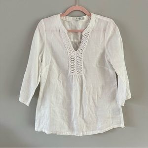 Boden 100% Linen White Macrame summer beach Tunic top 3/4 sleeve Size 8 natural